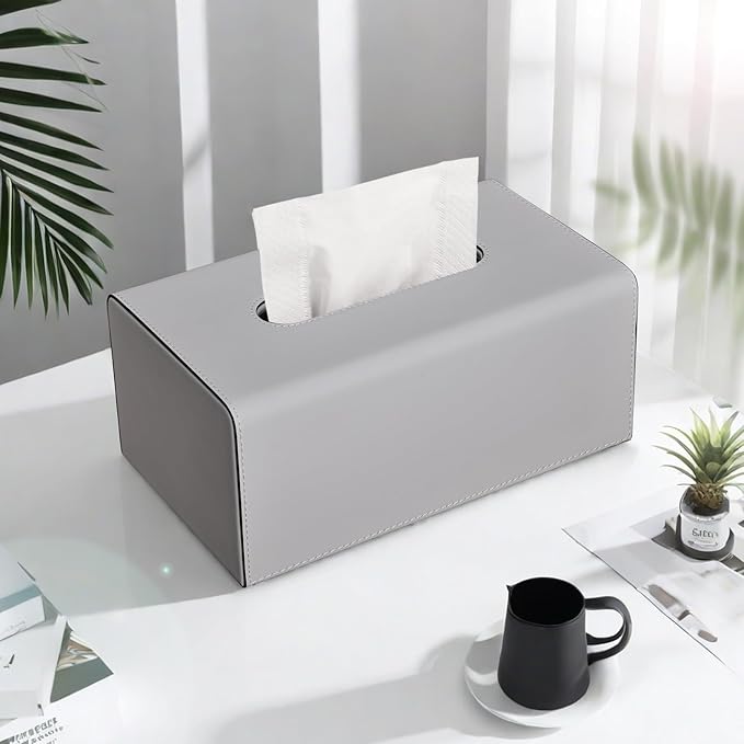 KINGFOM Tissue Box Cover, PU Leather Rectangular Tissue Box Holder with Magnetic Bottom Cover for Facial Tissues/Napkins, Office & Living Room Decor Box (Gray)