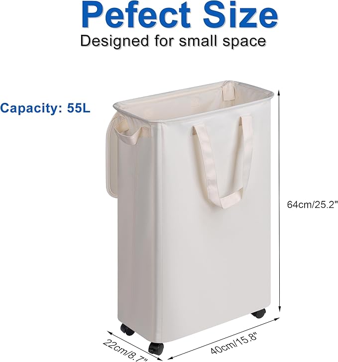Vincona Slim Laundry Hamper with Lid and Wheels, Small Rolling Laundry Basket with Handle for Small Spaces, Tall Dirty Clothes Hampers for Dorm, Bathroom and Bedroom, 55L, Beige