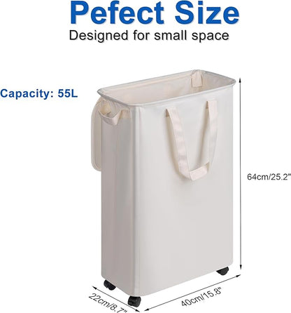 Vincona Slim Laundry Hamper with Lid and Wheels, Small Rolling Laundry Basket with Handle for Small Spaces, Tall Dirty Clothes Hampers for Dorm, Bathroom and Bedroom, 55L, Beige