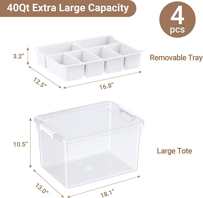 HOMETUK 160Qt Large Stackable Storage Bins with Lids & Trays, Clear Plastic Latching Boxes Organizers with Dividers Portable 40Gal Containers for Arts & Crafts, Home and Car Trunk Organization, 4Pack