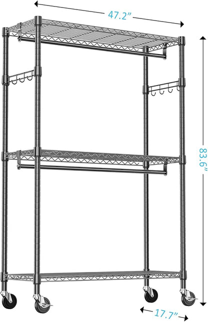 IZEUK Heavy Duty Rolling Garment Rack Wire Clothes Rack for Hanging Clothes (Black, Z1-17.7" D x 47.2" W x 83.6" H)