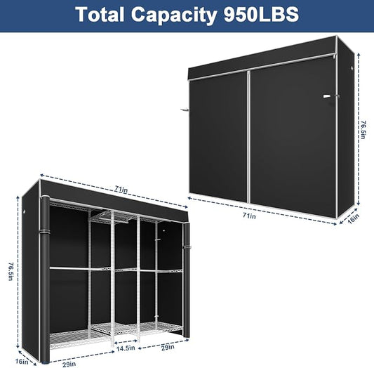 Ulif E12C Pro Heavy Duty Closet Organizer System，Freestanding Clothing Racks for Hanging Clothes，Adjustable Garment Rack 71"W x 16"D x 76.5"H Hold 960lbs，White Clothing Rack with Black Dustproof Cover