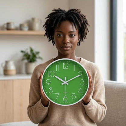 jomparis Modern Office Green Decor Wall Clock 12" Silent & Non-Ticking Battery Operated Quartz Round Clock