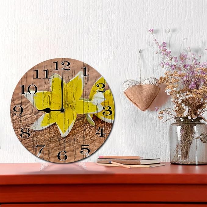 Yellow Flower Wall Clock 10 Inch Silent Non Ticking Battery Operated Wooden Modern Office Simple Minimalist Clock Decorative for Kitchen Home Bathroom Living Room