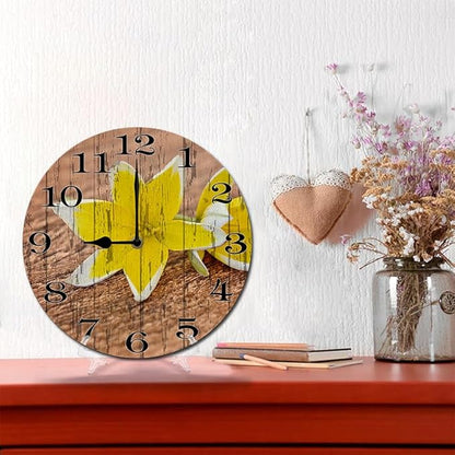Yellow Flower Wall Clock 10 Inch Silent Non Ticking Battery Operated Wooden Modern Office Simple Minimalist Clock Decorative for Kitchen Home Bathroom Living Room