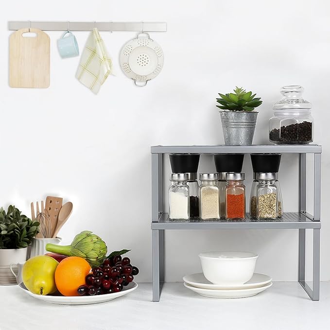 NEX Kitchen Shelf Organizer for Counter Cupboard Pantry, Set of 2 Cabinet Shelf Organizer Spice Rack, Stackable, Metal, Silver