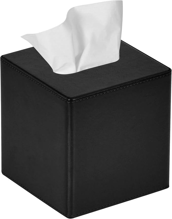 GOLRANLYE Tissue Box Cover Square PU Leather Facial Tissue Box Holder for Dresser Bathroom Decor (Black)