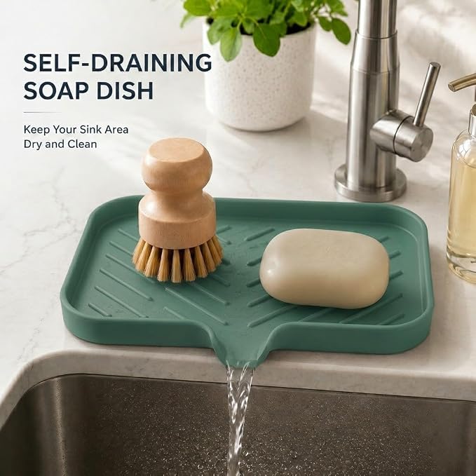 MicoYang Silicone Soap Dish with Drain Spout — Self-Draining Sink Organizer Tray for Bathroom & Kitchen, Sponges, Dispensers & Soap Holder, Non-Slip & Dishwasher Safe, Green (Medium, 9.6"×5.3")