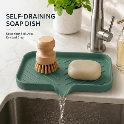 MicoYang Silicone Soap Dish with Drain Spout — Self-Draining Sink Organizer Tray for Bathroom & Kitchen, Sponges, Dispensers & Soap Holder, Non-Slip & Dishwasher Safe, Green (Medium, 9.6"×5.3")