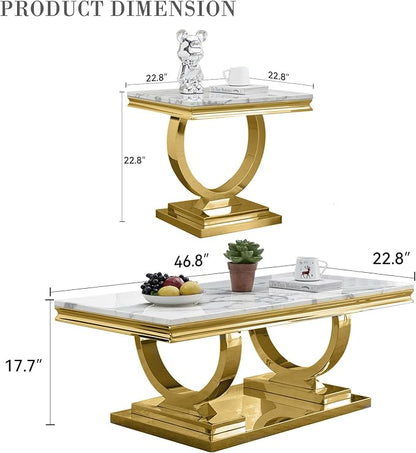 3 Piece Living Room Table Set Include 1 Faux Marble Coffee Table & 2 End Tables, Modern White Gold Coffee Table Set of 3 with Double O Shape Stainless Steel Pedestal Base