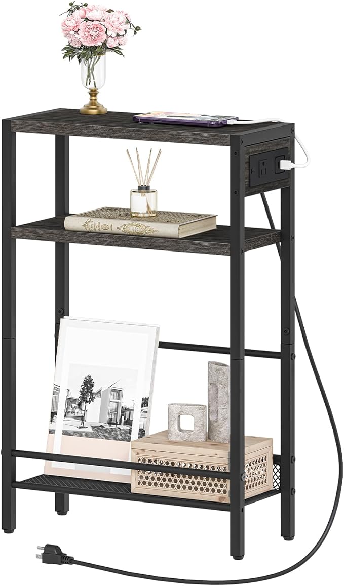HOOBRO Small Narrow Side Table with Charging Station, Skinny End Table for Small Spaces, Slim Nightstand with USB Ports Outlet, Sofa Beside Table with Storage Shelf,Black and Charcoal Black BC102UBZ01