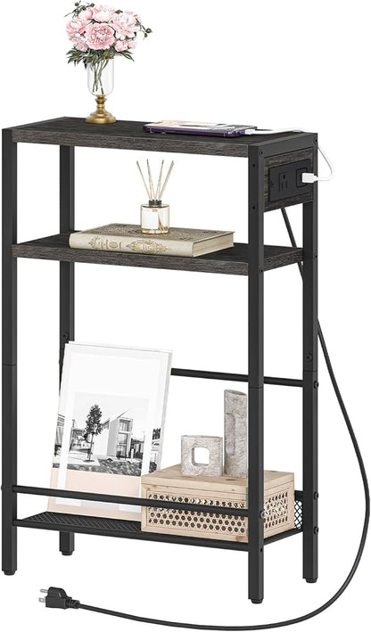 HOOBRO Small Narrow Side Table with Charging Station, Skinny End Table for Small Spaces, Slim Nightstand with USB Ports Outlet, Sofa Beside Table with Storage Shelf,Black and Charcoal Black BC102UBZ01