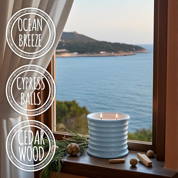 Annex Sea Breeze & Cypress Balls Luxury Scented Candle - Handmade Ceramic Jar - 50hr Clean Burn, Non-Toxic Soy Wax - Aesthetic Home Decor Winter Gift for Men & Women - Sandalwood & Oud