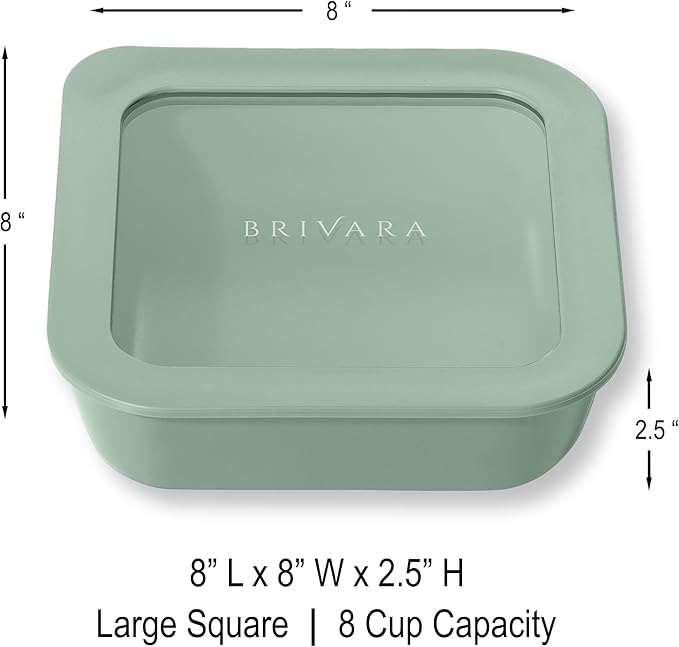 BRIVARA HOME Ceramic Coated Glass Food Storage Container | No PTFE, PFOA, PFAS, and BPA | Reusable Non Toxic Meal Prep Container with Glass Lid | Easy To Store | 8 Cup Square [Willow]