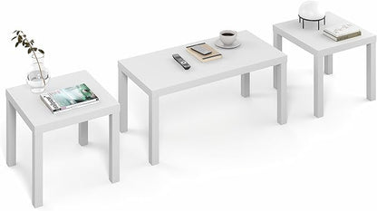 Furinno Classic Living Room Table Set of 3, Modern Rectangle Coffee Table with 2 Square Side Tables, End Tables, 1.8 Inch Thick Tabletop for Living Room, Home Office, White