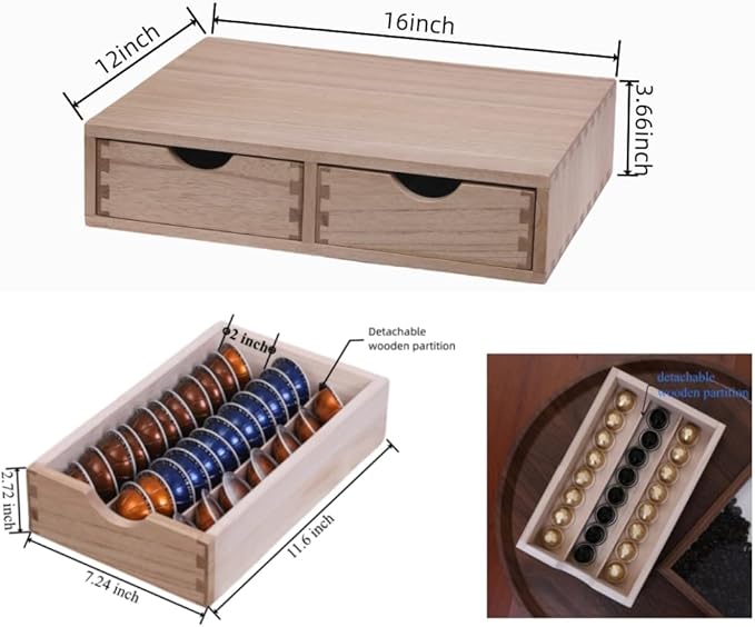 DDYURI Storage Drawer Holder for Capsules Coffee Pod K-cup Organizer /2 Drawers for Counter Organization for Kitchen Utensil Storage Home Decor Office Supplies- Coffee Brewer Accessories Wood 1D2C-LT