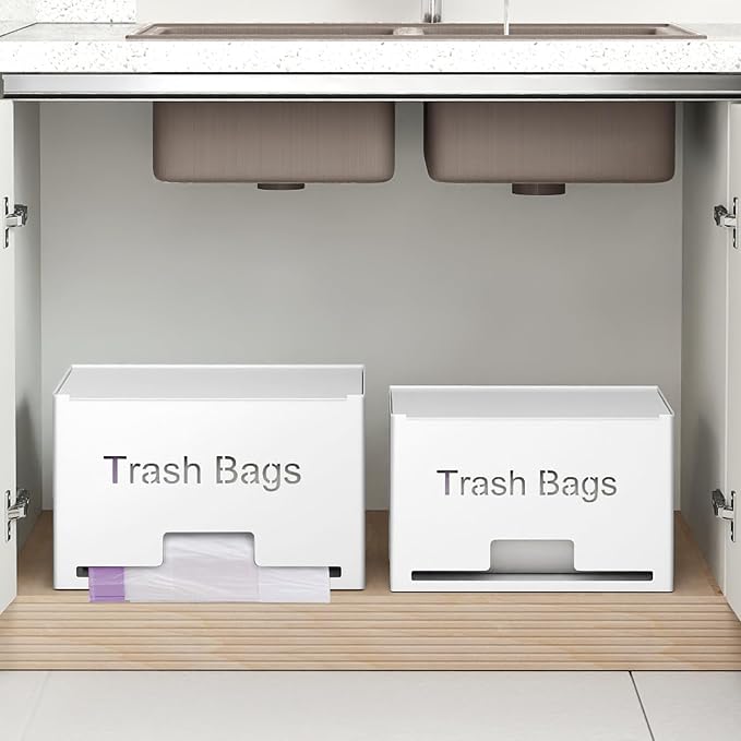 STWWO 2-Pack Trash Bag Holder Dispenser, Stackable Garbage Bag Dispenser, Extra Large Trash Storage Organizer for Kitchen Laundry Under Sink, Wall Mounted or Freestanding, Metal White
