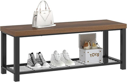 FOLUBAN Shoe Bench, Modern Wood and Metal Storage Bench for Entryway Hallway, Industrial Indoor Bedroom Bench Seat for Living Room, Mudroom, Rustic Walnut, 47 Inch