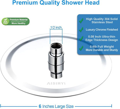 High Pressure Rainfall Shower Head, 6 Inches Showerhead with Perfect Adjustable Replacement, Removable Restrictor, Easy Installation for Your Bathroom Shower Heads (Chrome Finish, Ultra-thin)