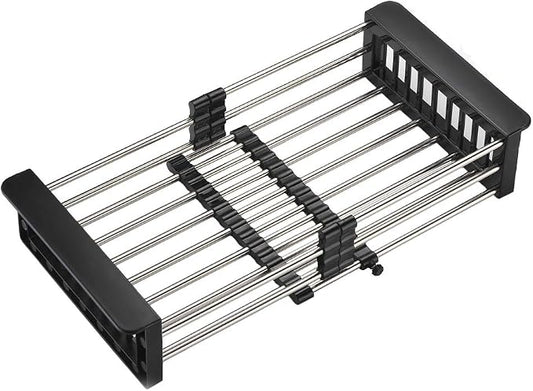 Dish Drying Rack, Over The Sink Dish Drying Rack, Stainless Steel Drainer with Adjustable Arms Holder Functional Kitchen Sink Organizer for Vegetable and Fruit, Black