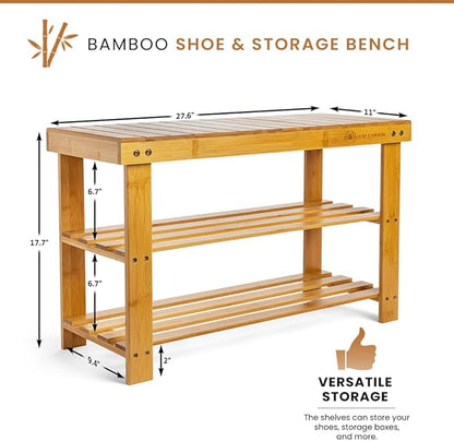 Leaf & Grain Bamboo Shoe Rack - Shoe Storage Bench for Front Door Entrance - Entryway Bench with Shoe Shelf, Shoe Storage Organizer, Wooden Shoe Rack, Durable Shoe Bench for Home (Natural)