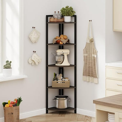 FATORRI Rustic Tall Corner Shelf, 5 Tier Industrial Corner Bookshelf for Living Room, Dark Wood and Metal Corner Plant Stand for Home Office (Walnut Brown)