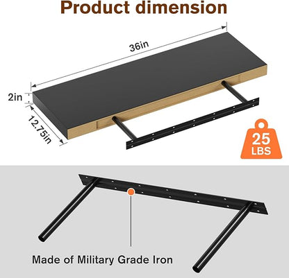 JPND Floating Shelf, Set of 3 Wall Shelf, 36 in W x 12.75 in D x 2 in H Wooden Floating Wall Shelf with Invisible Brackets for Living Room/Bedroom/Bathroom/Kitchen Storage and Decor, Black