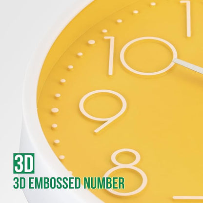 Wall Clock Non-Ticking Silent Modern Simple Style Round Decor Clock Stereoscopic Dial Quartz Wall Clocks for Home/Office/School/Living Room/Bedroom/Kitchen (Yellow, 12inch)