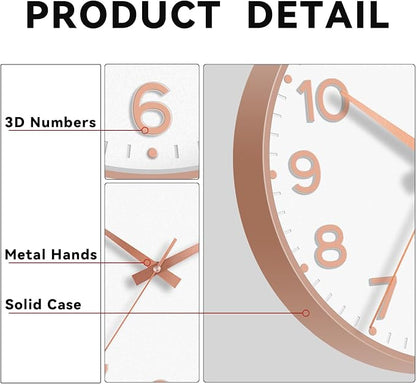 Roymnie Wall Clock 10 Inch Silent Wall Clocks Battery Operated-Modern Non Ticking Analog Clock Decorative for Kitchen Bedroom Office Bathroom(White Rose Gold)
