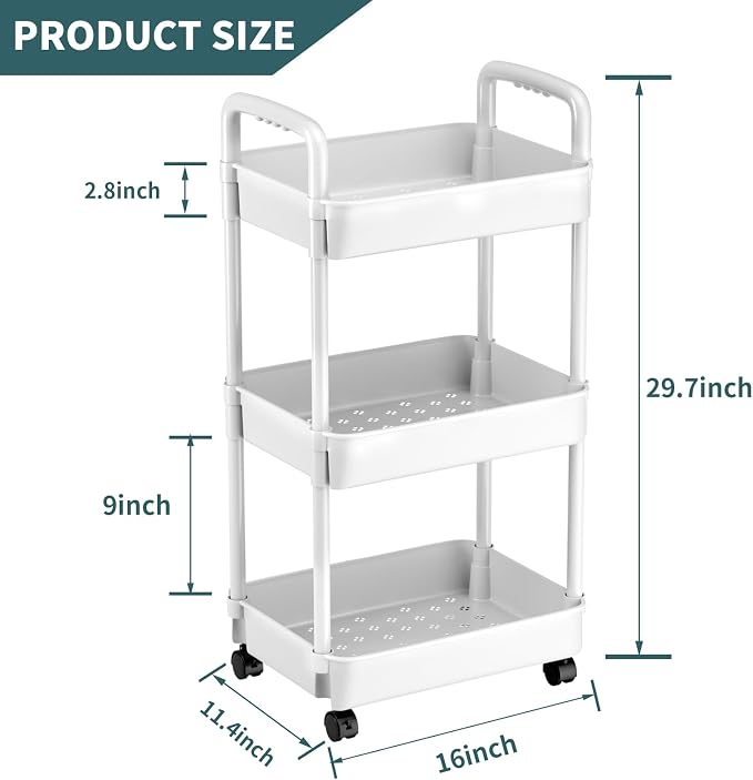 EZ COZY 3 Tier Rolling Cart, Plastic Diaper Cart Organizer with Wheels, Roller Cart for Diapers, Baby Nursery, Kitchen, Bathroom, Living Room and Bedside, White