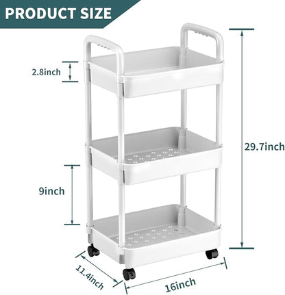 EZ COZY 3 Tier Rolling Cart, Plastic Diaper Cart Organizer with Wheels, Roller Cart for Diapers, Baby Nursery, Kitchen, Bathroom, Living Room and Bedside, White