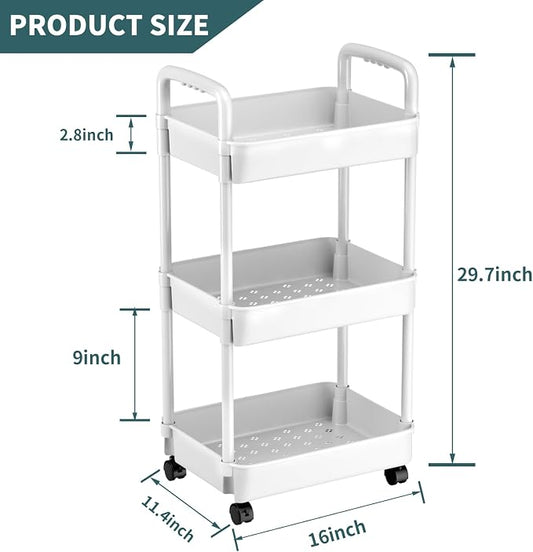 EZ COZY 3 Tier Rolling Cart, Plastic Diaper Cart Organizer with Wheels, Roller Cart for Diapers, Baby Nursery, Kitchen, Bathroom, Living Room and Bedside, White