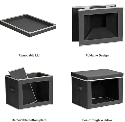 Homsorout Stackable Storage Bins with Lids - Large Storage Box with Lids, Foldable Closet Boxes for Organizing, Wardrobe Clothes Organizer with Window, Cubes Bins for Living Room, 3 Pack, Dark Grey