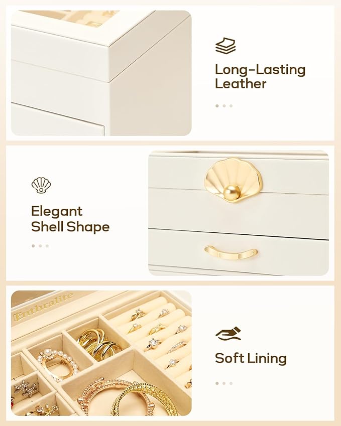Jewelry Box with 2 Drawers: Display Organizer for Earrings Necklaces - Gift for Girls Women (White)