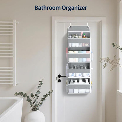 Yecaye Over The Door Organizer, Heavy Duty Hanging Organizers and Storage with 4 Large Capacity Pockets, Swing-Proof Behind The Door Storage for Bathroom Nursery Bedroom Dorm Closet, Grey,1Pc