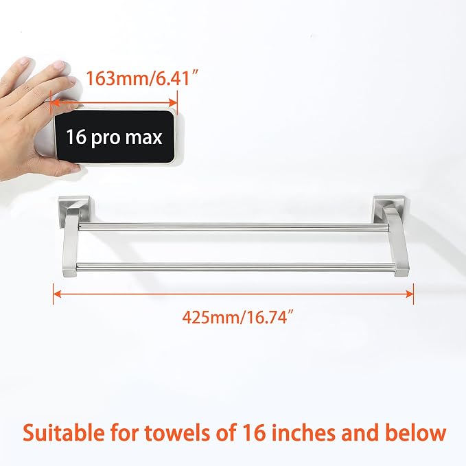 Alise Bath Double Towel Bars 16 Inch Towel Racks for Bathroom,Useable Length 14.9 Inch Wall Mount Towel Holder Heavy Duty SUS304 Stainless Steel Towel Hanger Towel Rail,Brushed Nickel