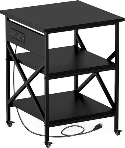 TUMAN Pro Large Printer Stand with Power Outlet and Storage 3 Tier Mobile Rolling Cart with Locking Casters 23.6 x 23.6 x 30 Inches Home Office Black