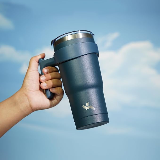 20 oz Tumbler with Handle and 2 Straw 2 Lid, Insulated Water Bottle Stainless Steel Vacuum Cup Reusable Travel Mug, Navy Blue