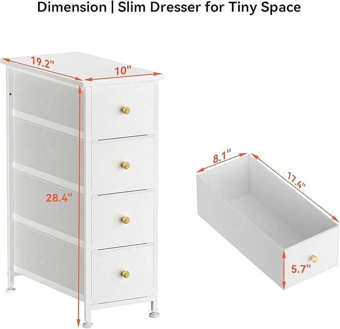 Narrow Dresser Storage Tower with 4 Drawers, Vertical Slim Dresser Chest of Drawers Skinny Storage Tower for Small Spaces Gaps Closet Bedroom Bathroom Small Fabric Drawer Unit (White)