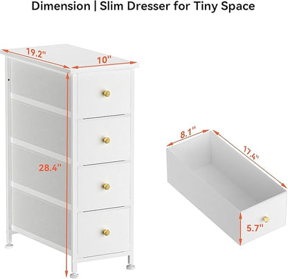 Narrow Dresser Storage Tower with 4 Drawers, Vertical Slim Dresser Chest of Drawers Skinny Storage Tower for Small Spaces Gaps Closet Bedroom Bathroom Small Fabric Drawer Unit (White)