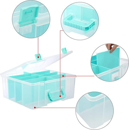 BTSKY Clear Plastic Dividing Storage Box with 8 Deep Compartments Adjustable Storage Bin with Lid Portable Craft Storage Container Multipurpose Sewing Box Art Supply Organizer, 15.1x13.9x6.1 Inches
