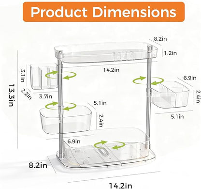 Rotating Makeup Vanity Organizer, Bathroom Countertop Cosmetic Skin Care Storage,Cosmetic Display Case with Brush Holder,for Skincare Perfume Cosmetics,Detachable Hanging Trays & Hooks