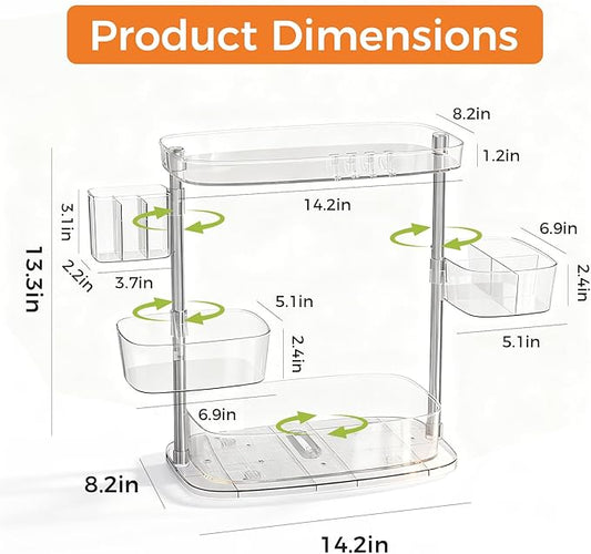 Rotating Makeup Vanity Organizer, Bathroom Countertop Cosmetic Skin Care Storage,Cosmetic Display Case with Brush Holder,for Skincare Perfume Cosmetics,Detachable Hanging Trays & Hooks