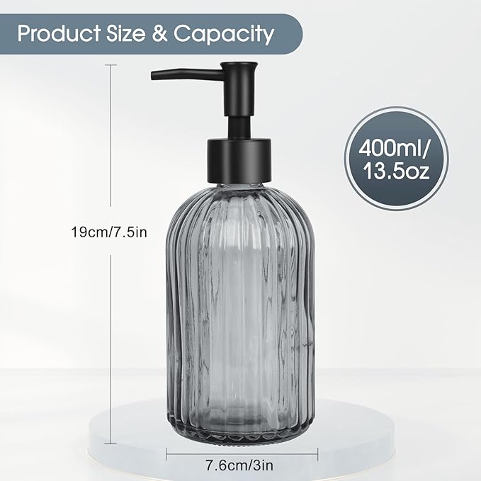 Topsky Glass Soap Dispenser with Plastic Pump, 400ml Liquid Hand Soap Dispenser, Rustproof Pump for Kitchen & Bathroom, Great for Lotions, Essential Oil, Liquid Soaps,Gray