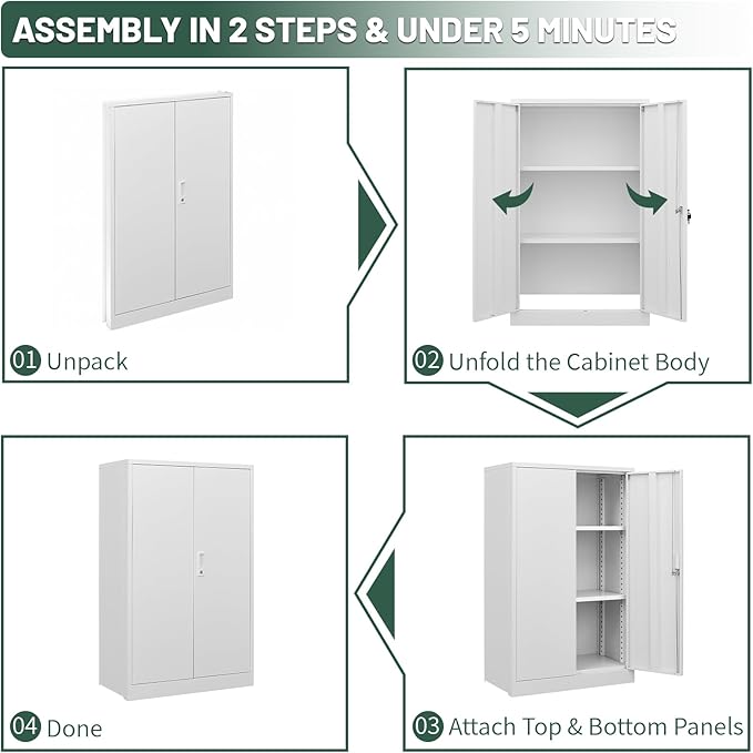 42" Folding Metal Storage Cabinet with Lock,2 Doors and 2 Adjustable Shelves,Quick Assembly Foldable Steel Cabinet for Office Home Garage,White