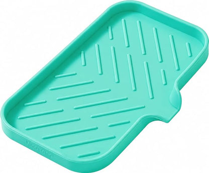 MicoYang Silicone Soap Dish with Drain Spout — Self-Draining Sink Organizer Tray for Bathroom & Kitchen, Sponges, Dispensers & Soap Holder, Non-Slip & Dishwasher Safe, Mint (Medium, 9.6"×5.3")