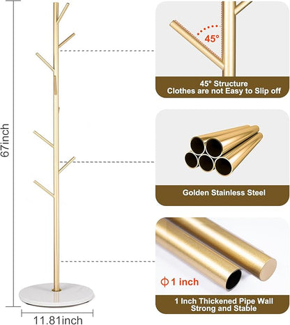 ZOZOE Metal Coat Rack Freestanding, Golden Coat Racks with Heavy Duty Natural Marble Base, Modern Stable Coat Tree Stand with 8 Hooks, Coat Tree Hanger Stand for Bags, Hats, Entryway, Office