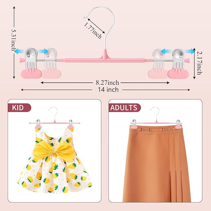 14Inch Clothes Pants Hangers with Wide Clips 10 Pack,Non-Slip Adjustable Skirt Hanger for Women,Space-Saving Heavy Duty Men Hangers for Pants,Trousers,Jeans,Shorts,Pink
