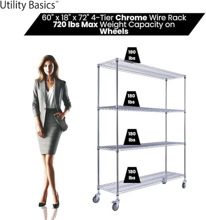 Utility Basics NSF Commercial 4-Tier Wire Shelving with Wheels, 60"x18"x72" Heavy Duty Metal Shelves 3200 lbs Max Capacity, Chrome Storage Rack for Garage Kitchen Pantry Warehouse
