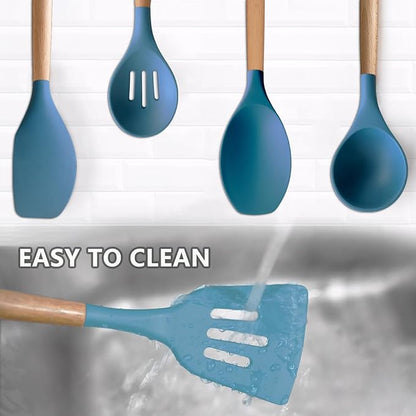 IOCBYHZ Silicone Kitchen Cooking Utensils Set 5Pcs Non-Stick Silicone Kitchen Utensils Set Spatula Spoon Turner Ladle with Wooden Handle, Heat Resistant Cooking Gadgets for Nonstick Cookware BPA-FREE